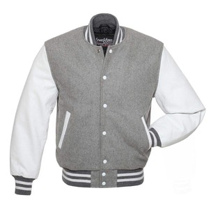 Chaqueta Universitaria Personalizada para Hombre, Cortavientos, Cuerpo de Lana, Forro Acolchado de Satén, Mangas de Cuero y Lona, Estilo Bomber Gris para Invierno - Product Image 4