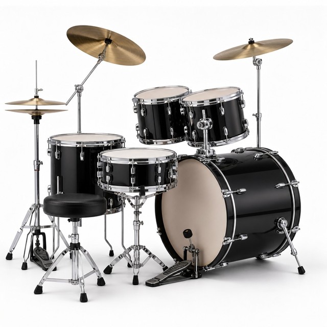 Bullfighter DW1 Black Heavy Duty 5-Piece Metal & Wood Drum Set 3 Alloy Cymbals Poplar Shells Beginner Drum Kit