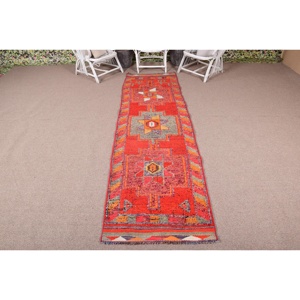 2.8x9.7 ft Rug, Vintage Turkish Rug, <b>Red</b> Herki <b>Wool</b> Rug - Product Image 1