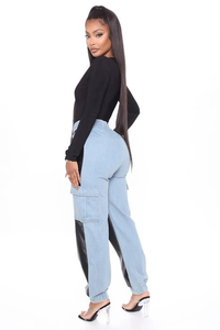 Venta al por mayor de alta calidad OEM ODM cuero negro azul de las mujeres de la mezcla de mezclilla Cargo Joggers pantalones para las mujeres - Product Image 4