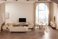 Canapé moderne incurvé trois places pour salon, avec dossier rigide rembourré en mousse, revêtement en tissu beige et base métallique, idéal pour appartement ou salon.