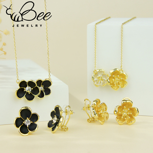 Luxury Women <b>Accessories</b> Necklaces 14k Gold Plated Brass Fashion Black Flower Necklace Earrings Sets In Daily Wear - Product Image 1