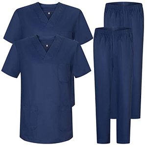 Custom Medical Scrubs Set Navy Blue V-<b>Neck</b> Short Sleeve <b>Top</b> Elastic Waist Pants Nursing Hospital Doctor Uniform <b>Mock</b> - Product Image 1