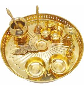 ทองเหลืองลายดอกไม้ Thali ออกแบบลายนูนทองเหลือง Pooja Chirag ชุบทองขัดเงาดูการใช้งานแบบไดนามิก - Product Image 2