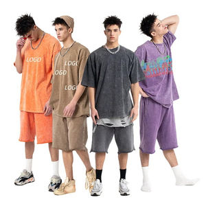 Conjunto deportivo de 2 piezas con logotipo personalizado para hombre, pantalones cortos de verano de talla grande de algodón lavado con ácido y transpirable de alta calidad para hombre - Product Image 6