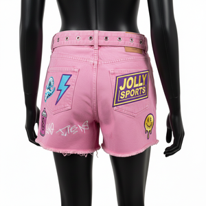 Shorts vaqueros rosas de algodón de alta calidad para mujer, tela suave y elástica, parche de chenilla con bordado, logo personalizado, shorts tipo booty para mujer - Product Image 2