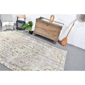 Alfombra turca clásica vintage de lana de retazos beige y verde con respaldo de látex, hecha a mano, alfombras rectangulares para mesa auxiliar de 5,2x8,4 pies - Product Image 5