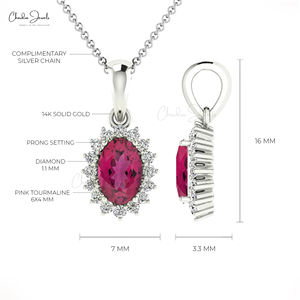 Prêt à être expédié : Pendentif délicat en tourmaline rose naturelle 0,45 TCW, collier halo en or blanc pur 14 carats avec diamants, pendentifs fins, breloques - Product Image 3