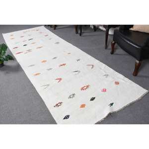 Tapis moderne en laine blanche 3.7x10.9 pieds, tissage plat turc, support en latex pour décor de salon ou utilisation au lit - Product Image 1