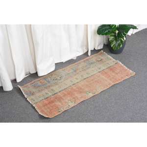 Alfombra Turca Bohemia de Lana y Viscosa Ecológica de 1.4 x 2.8 pies, Pelo Medio, Lavable a Mano, Diseño Tradicional de Parches en Naranja y Azul - Product Image 3
