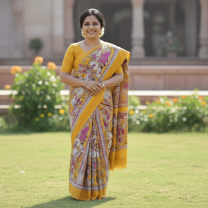 Sari de Seda Banarasi Golden Blossom Kalamkari, Estampado a Mano, Algodón Suave, Estilo Indio, para Festivales y Fiestas Étnicas - Product Image 3