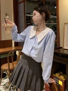2025新款女式蓝白条纹长袖衬衫 -- 优雅百搭，时尚韩版拼色衬衫 - Product Image 2