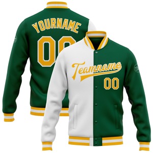 Veste bomber décontractée d'hiver sur mesure, vert Kelly, or-blanc, à boutons pression, style varsity, à lettres, tendance, vente en gros directe de l'industrie - Product Image 1