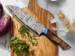 Couteau de cuisine artisanal de qualité supérieure, lame en acier damas cuivré, manche en bois avec étui, cadeau d'anniversaire, cadeau de Noël, cadeau de mariage. - Product Image 6