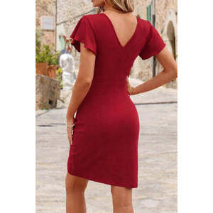 Vestido de crepé importado con cuello cruzado y volantes laterales para mujer, 35063 - Rojo - Product Image 2