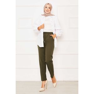Pantalones de Vestir Color Caqui, Corte Slim Fit, Cintura Media Elástica, Transpirables, Teñido Liso - Product Image 1