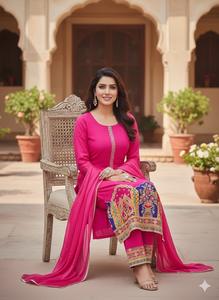 Trajes de Tres Piezas Modernos de Algodón para Mujer, con Dupatta de Chinnon y Adornos Payal, para Fiestas, con Bordado Romano Kingsa - Product Image 5