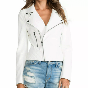 แจ็กเก็ตหนังแกะสีน้ำเงินทรงสลิมฟิตสำหรับผู้หญิงเสื้อแจ็คเก็ตแฟชั่นสำหรับนักขี่มอเตอร์ไซค์สีน้ำเงิน lambskin - Product Image 4