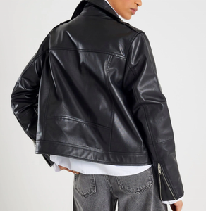 Chaqueta de Motociclista de Cuero Sintético Color Borgoña para Mujer, Corte Entallado, Cierre de Cremallera, Cuello Camisero, Manga Regular, Estilo Otoñal - Product Image 6