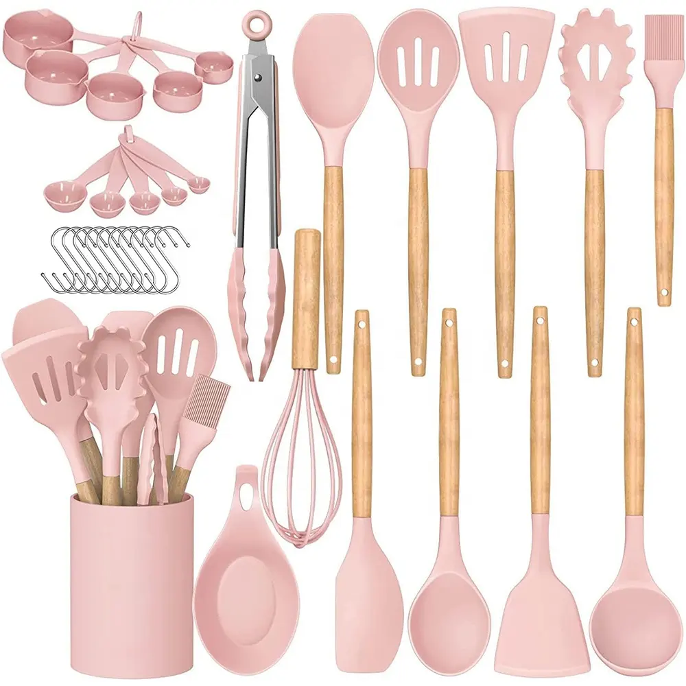 TOALLWIN utensilios de cocina gadgets hogar Rosa silicona utensilios de cocina conjunto de cocina al por mayor de madera de silicona utensilios de cocina conjunto