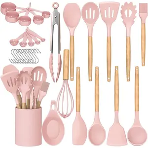 TOALLWIN Kitchen Tools Gadgets Household Pink Silicone Cooking Utensils Kitchen Set Wholesale Wood Silicone Kitchen Utensils Set