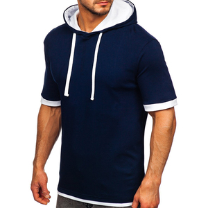 Camiseta con Capucha de Manga Corta Azul Marino para Hombre, con Ribete Blanco en Contraste, Logotipo Frontal, Transpirable, Corte Regular, Estilo Casual, Tejido de Punto - Product Image 3