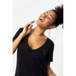 Camiseta de Lino con Cuello en V para Mujer, Corte Ajustado, Informal, Transpirable, de Nailon, Tallas XS-XXS-XL Disponibles, Decorada con Malla y Letras - Product Image 3