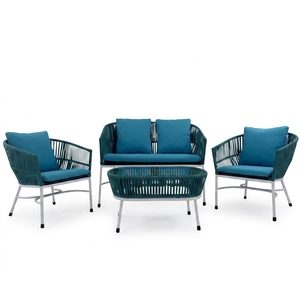 Blue Durable <b>Outdoor</b> Garden Furniture Set White Metal Frame Weaving <b>Rattan</b> <b>Sofa</b> Armchairs Glass Coffee Table Living Room Patio - Product Image 1