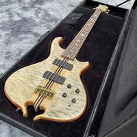 Guitare basse électrique 5 cordes style Alem personnalisée avec touche en ébène, table en érable burst d'usine, manche traversant le corps, avec étui rigide