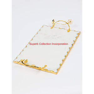 Great Quality White Marble Serving Tray With Elegant Gold Leaf Brass Handles Handcrafted Decorative Platter For Home Decor - Product Image 4