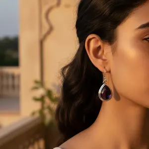 Boucles d'oreilles en argent 925 plaqué or 14 carats, forme goutte d'eau, pierre précieuse violette, design tendance en forme de cerceau pour femmes, avec pierre principale en or rose sertie de diamants - Product Image 3