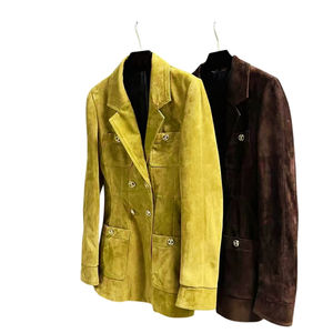 Luxury Natural <b>Women's</b> Suede Sheep <b>Leather</b> Blazer <b>Jacket</b> <b>Brown</b> Winter Summer Breathable Stand Collar Button Front - Product Image 4
