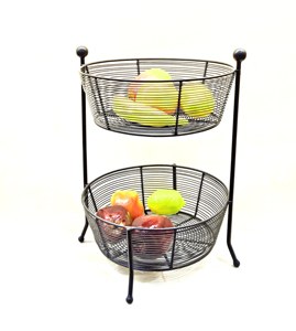 2 Tier Metal Wire Fruit <b>Basket</b> with <b>Wooden</b> Base Kitchen Countertop Organizer Enamel Black Fruit Vegetable Snack Storage Display - Product Image 4