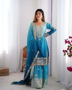 Sharara élégante bleu rivière avec travail de perles rivière, en soie chinon, avec codage Dori, avec séquence, avec rivet, haut et sharara avec dupatta - Product Image 3