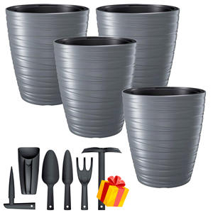 Ensemble de 4 pots de fleurs en plastique Maze 16L avec réservoir en couleur gris pierre 29,6 x 29,6 x 32,9 cm + 1 ensemble de 6 outils de jardin GRATUIT - Product Image 1