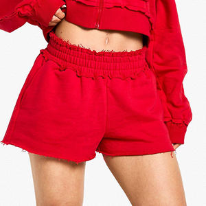 Vente chaude rouge 2 pièces femmes Reverse Loopback Boxy Crop Zip à travers Shorts survêtement ensemble à capuche et court ensemble de survêtement pour femmes - Product Image 4