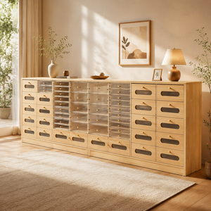 Commode à ongles en bois massif grande capacité avec tiroirs et façade transparente en acrylique, meuble de présentation rustique pour vernis à ongles pour salon - Product Image 1