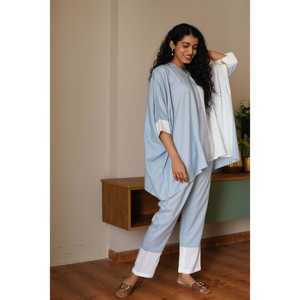 Conjunto coordinado azul polvo de dos tonos, elegante camisa estilo caftán con cuello cuadrado, largo hasta el suelo, tejido a crochet, transpirable, talla XS, suministro ODM - Product Image 5