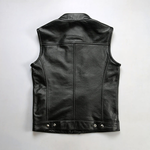 Black Canvas Leather Vest Sleeveless O-<b>Neck</b> <b>Covered</b> Button Closure Large Flap Chest Pockets Circular Patches Autumn Breathable - Product Image 2