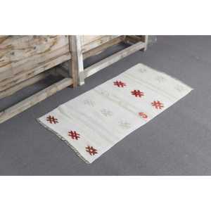 Petit tapis turc vintage Kilim 1,7x3,2 pieds, tapis blanc du sud-ouest en laine - Product Image 1