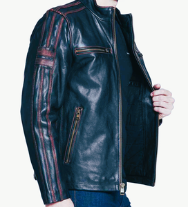 100% cuero genuino Sherpa Slim Fit High Street Biker chaqueta satén negro forro cremallera cierre Turndown Collar transpirable - Product Image 5