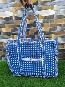 Hand Block Printed Cotton Quilted Fashion Bohemian Frill Tote Bag with Two Handles and Open Closure - Product Image 2