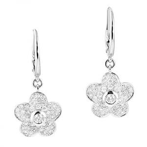 Boucles d'oreilles pendantes exquises certifiées en or blanc pavé de diamants taille ronde Fleurette Boucles d'oreilles pendantes en or blanc 18 carats pour femmes - Product Image 1