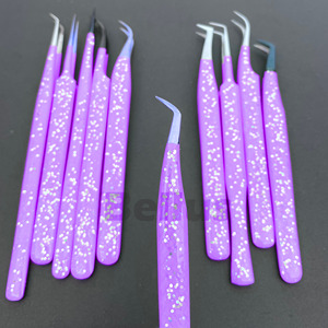 Juego de pinzas de extensión de pestañas de alto volumen, puntas de fibra con acabado brillante, agarre profesional de acero inoxidable, herramientas de pestañas de precisión para todos los ángulos, Kit OEM - Product Image 1