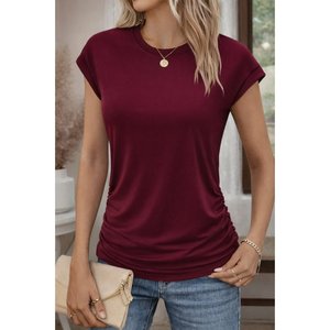 Blusa Casual de Manga Corta con Cuello Redondo y Detalles Fruncidos Laterales para Mujer, Corte Regular, Diseño Liso para Uso Diario - Product Image 1