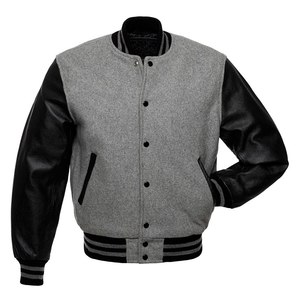 Chaqueta universitaria de primera calidad para mujer, Mangas de cuero negro personalizadas, Cuerpo gris, bombardero de béisbol con letras cálidas, superventas, lana deportiva fresca - Product Image 1