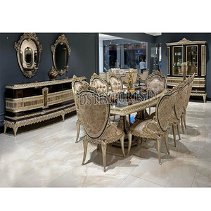 Turc sculpté à la main luxueux teck bois ensemble de salle à manger luxe noir or salle à manger Table et chaises nouveau Style Table à manger en bois - Product Image 1