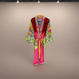 Kimono boho en soie rouge vert Patchwork Kimono Robe longue en satin pour vêtements de villégiature 100% soie douce - Product Image 1