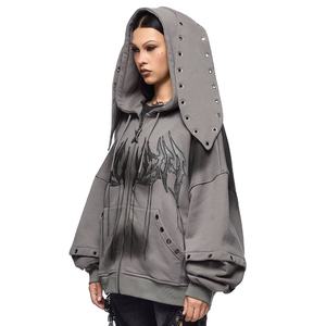 Sudadera con Capucha Extra Grande Estilo Gótico Personalizada para Mujer con Capucha Extendida y Ojales Metálicos, Sudadera con Cremallera para Mujer - Product Image 1