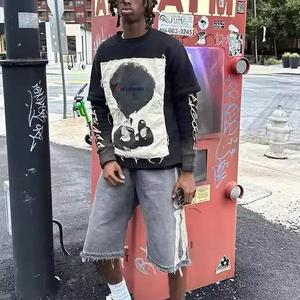 เสื้อทีออฟกราฟิกสำหรับผู้ชายเสื้อโอเวอร์ไซส์ผ้าฝ้าย Y2K หนาสองชั้นแขนยาว100% ผ้าฝ้ายถัก220กรัมย้อมสีเรียบ - Product Image 4